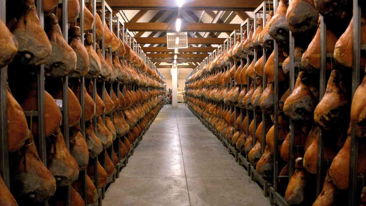 Una sala predisposta alla stagionatura del prosciutto