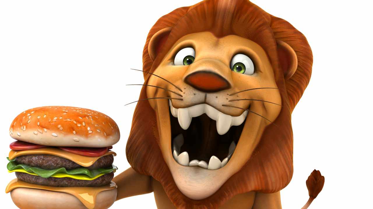 Leone contento con hamburger
