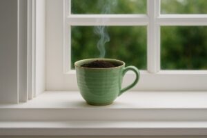 Tazza sul davanzale con al suo interno polvere di caffè che brucia e fa fumo