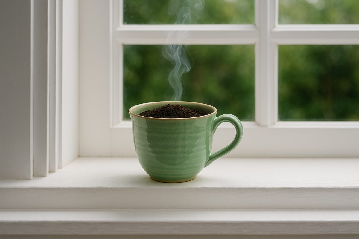 Tazza sul davanzale con al suo interno polvere di caffè che brucia e fa fumo