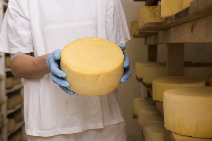 Operatore che tiene in mano una forma di formaggio